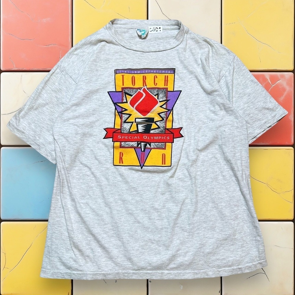 VTG 90s Special Olympics Texas Law Enforcement Torch Run T-Shirt Men L Gray Tee
